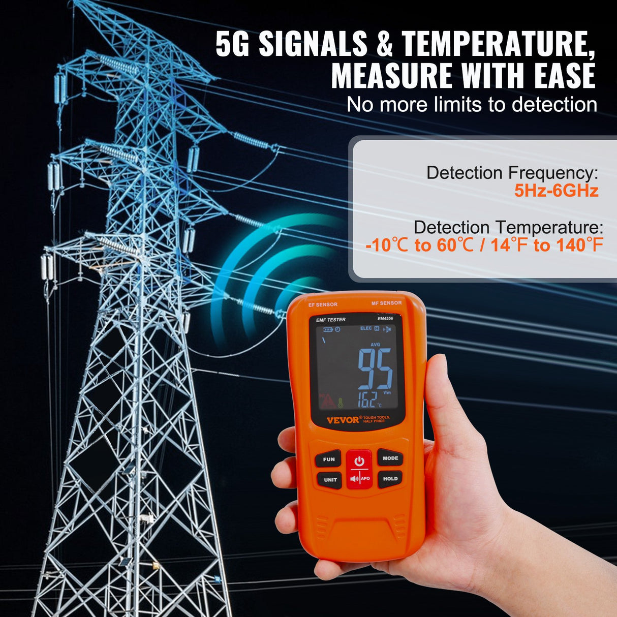VEVOR 3-in-1 EMF Meter, 5Hz-6GHz, Handheld Rechargeable Electromagnetic Field Radiation Detector, Digital LCD EMF Tester for EF MF RF Home Inspections