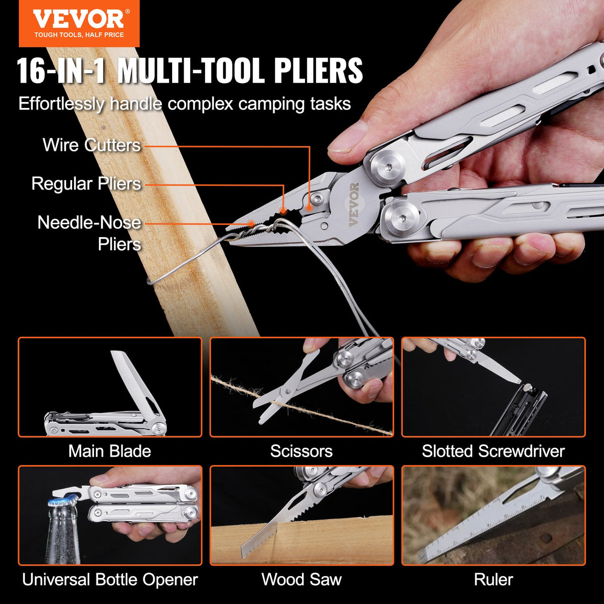 VEVOR 16-In-1 Multitool Pliers, Multi Tool Pliers, Cutters, Knife, Scissors, Ruler, Screwdrivers, Wood Saw, Can Bottle Opener, with Safety Locking and