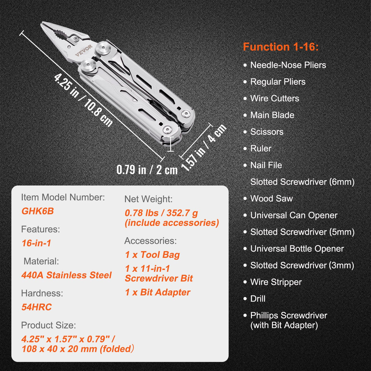VEVOR 16-In-1 Multitool Pliers, Multi Tool Pliers, Cutters, Knife, Scissors, Ruler, Screwdrivers, Wood Saw, Can Bottle Opener, with Safety Locking and