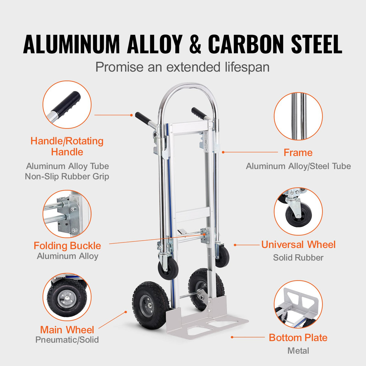 VEVOR Aluminum Hand Truck, 2 in 1, 363 kg Max Load Capacity, Heavy Duty Industrial Convertible Folding Hand Truck and Dolly, Utility Cart Converts