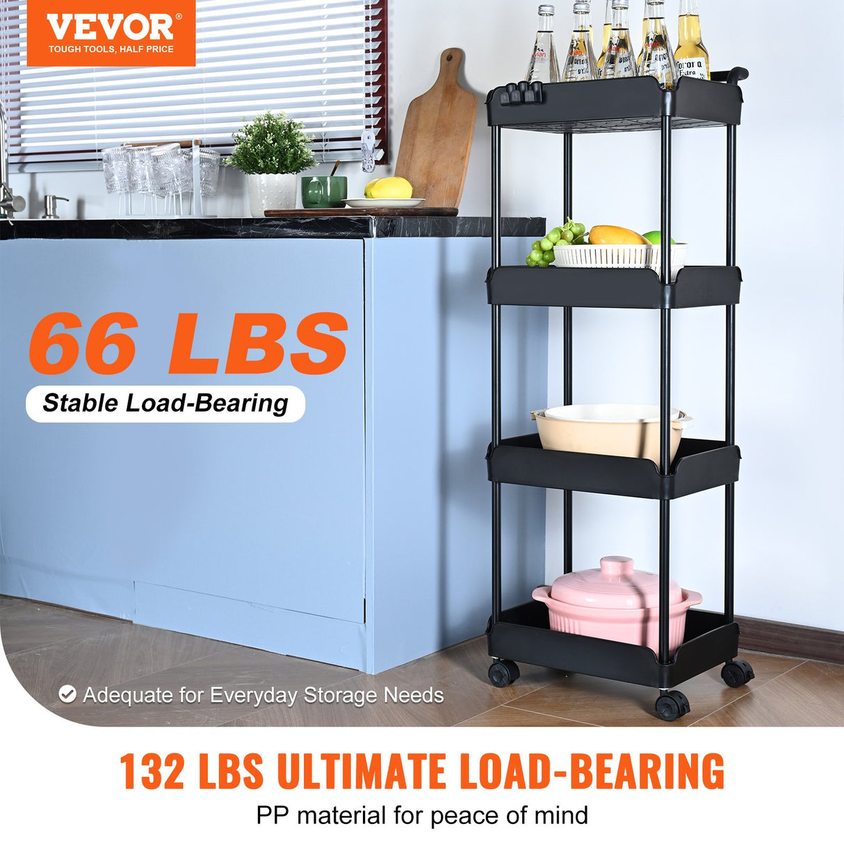 VEVOR 4-Tier Kitchen Rolling Cart Basket Utility Cart on Wheel with Handle Black