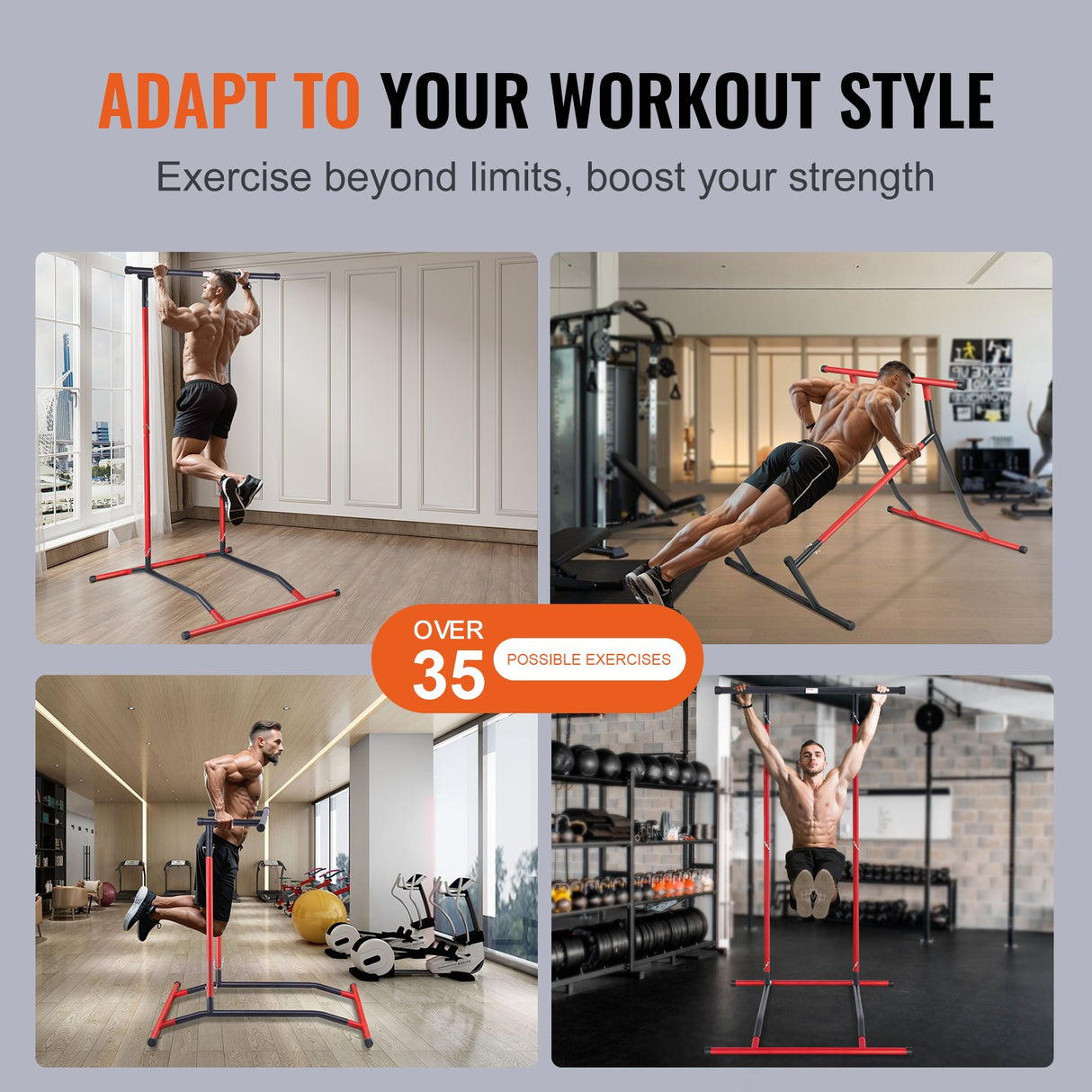 VEVOR Power Tower Dip Station, 2-Level Height Adjustable Pull Up Bar Stand, Multi-Function Strength Training Workout Equipment, Home Gym Fitness Dip