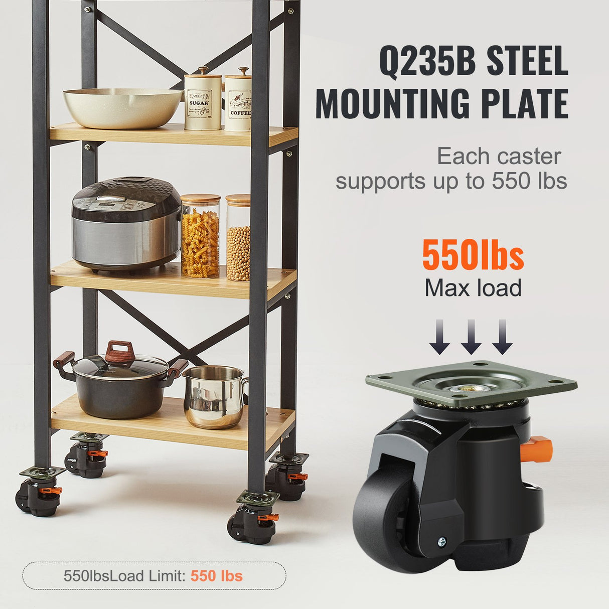 VEVOR Leveling Casters, Set of 4, 1000 kg Total Load Capacity, 63.5 mm, Heavy Duty with Upgraded Handle Design, 360 Degree Swivel Caster Wheels, Adjustable Casters with Feet for Workbench, Machine