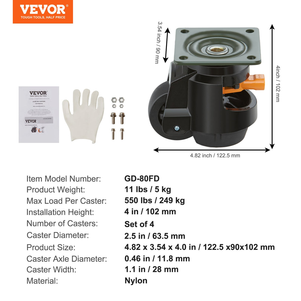 VEVOR Leveling Casters, Set of 4, 1000 kg Total Load Capacity, 63.5 mm, Heavy Duty with Upgraded Handle Design, 360 Degree Swivel Caster Wheels,