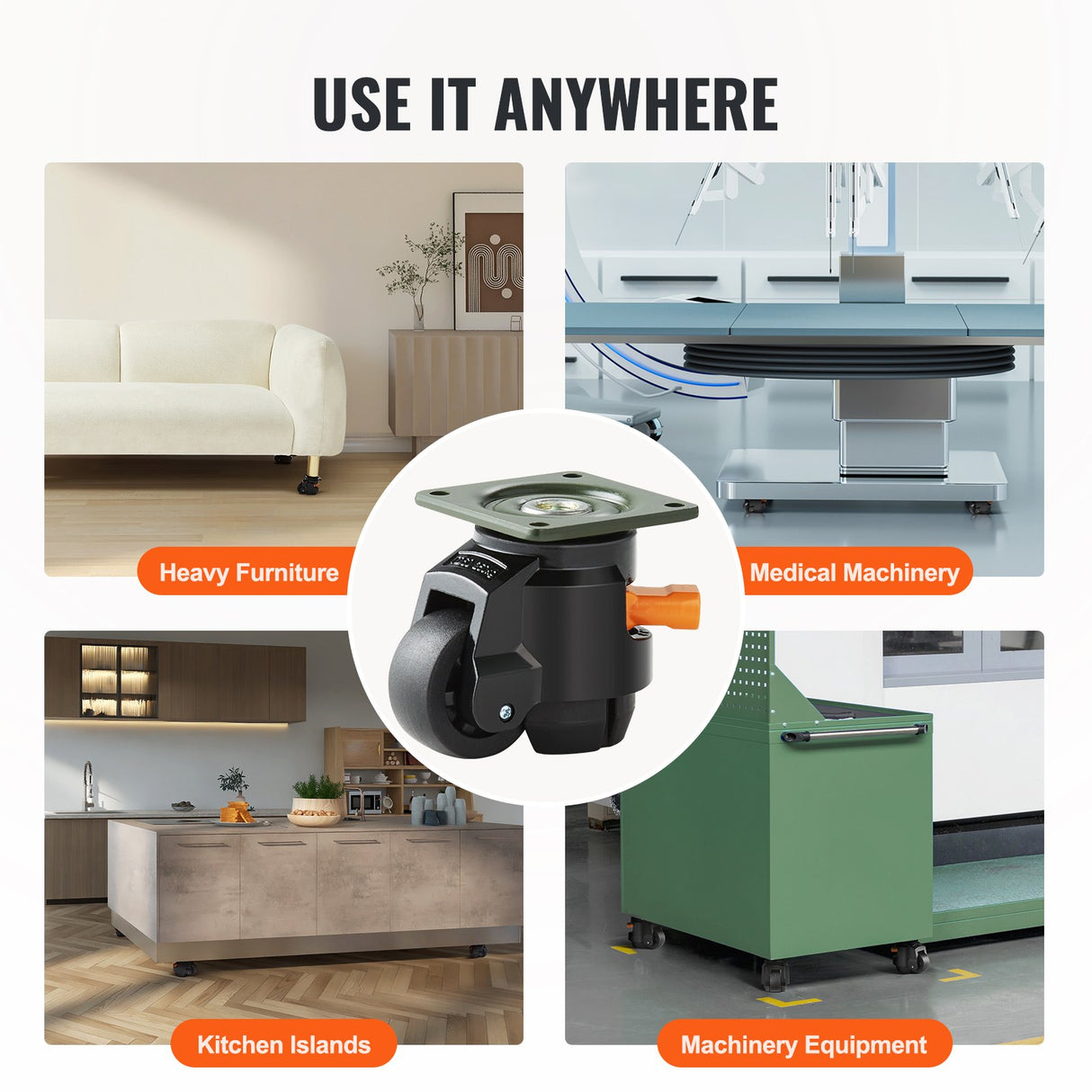 VEVOR Leveling Casters, Set of 4, 500 kg Total Load Capacity, 50.8 mm, Heavy Duty with Upgraded Handle Design, 360 Degree Swivel Caster Wheels, Adjustable Casters with Feet for Workbench, Machine