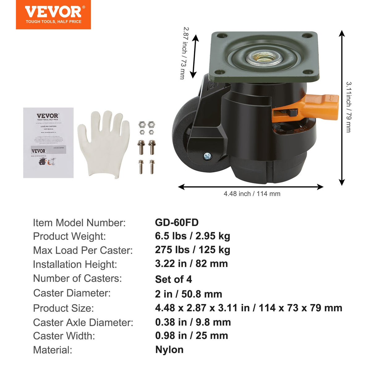 VEVOR Leveling Casters, Set of 4, 500 kg Total Load Capacity, 50.8 mm, Heavy Duty with Upgraded Handle Design, 360 Degree Swivel Caster Wheels, Adjustable Casters with Feet for Workbench, Machine