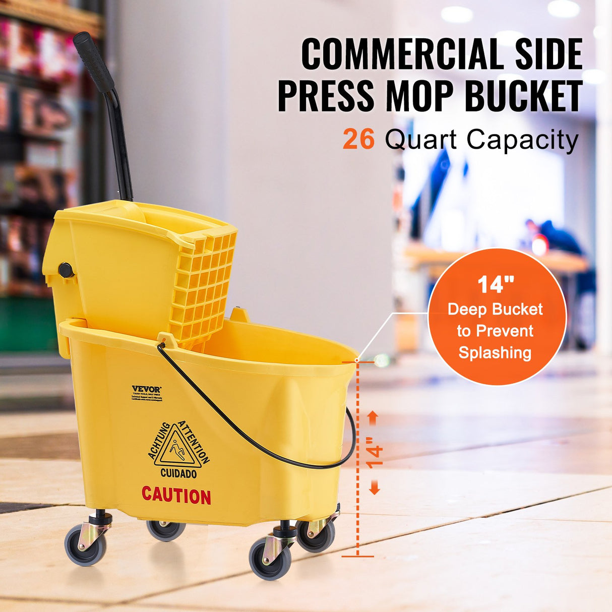 VEVOR Mop Bucket with Wringer, 26 Qt. Commercial Mop Bucket with Side Press Wringer, Side-Press Mop Bucket and Wringer Combo on Wheels, for