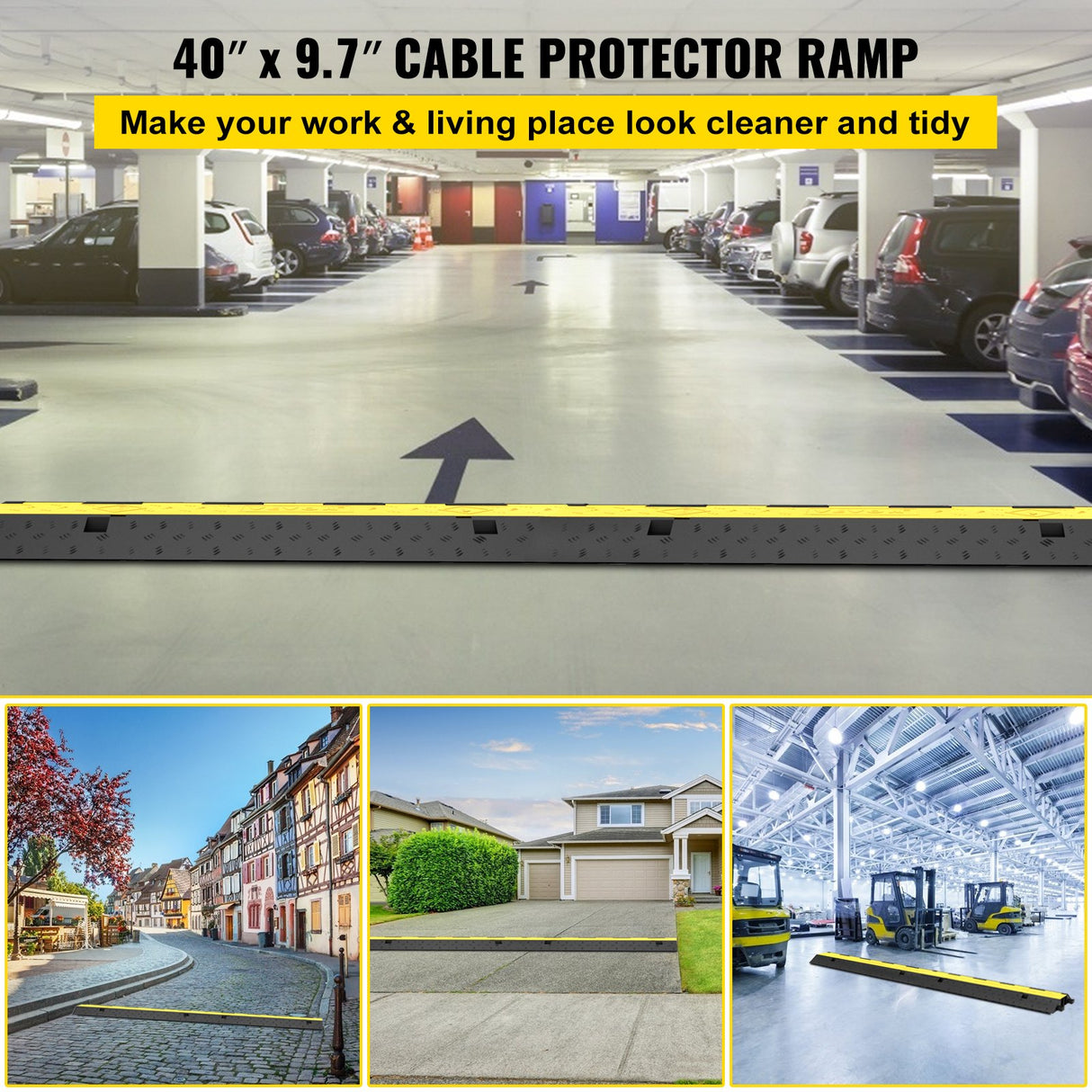 VEVOR Cable Protector Ramp, 5 Packs 2 Channels Speed Bump Hump, Rubber Modular Speed Bump Rated 11000 LBS Load Capacity, Protective Wire Cord Ramp