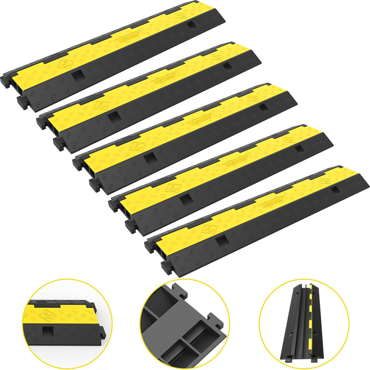 VEVOR Cable Protector Ramp, 5 Packs 2 Channels Speed Bump Hump, Rubber Modular Speed Bump Rated 11000 LBS Load Capacity, Protective Wire Cord Ramp