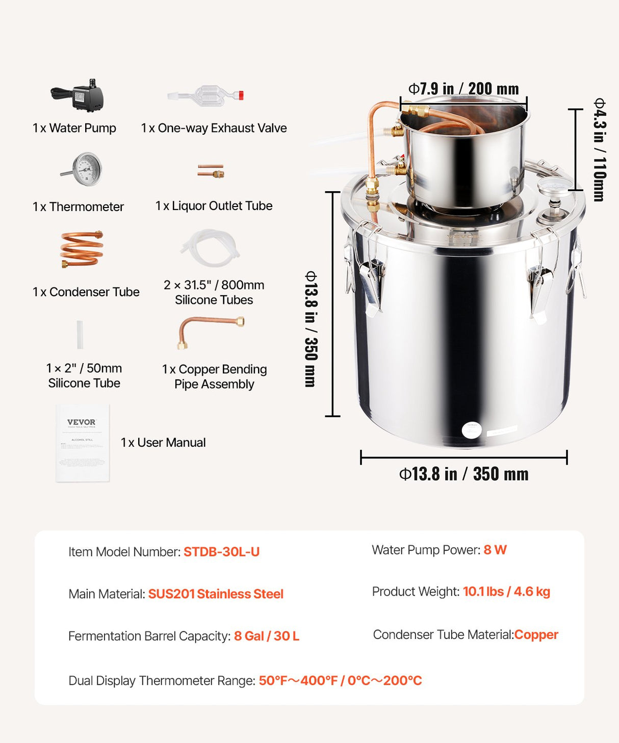 VEVOR Moonshine Still 8 Gal Water Alcohol Distiller Brewing Kit Stainless Steel