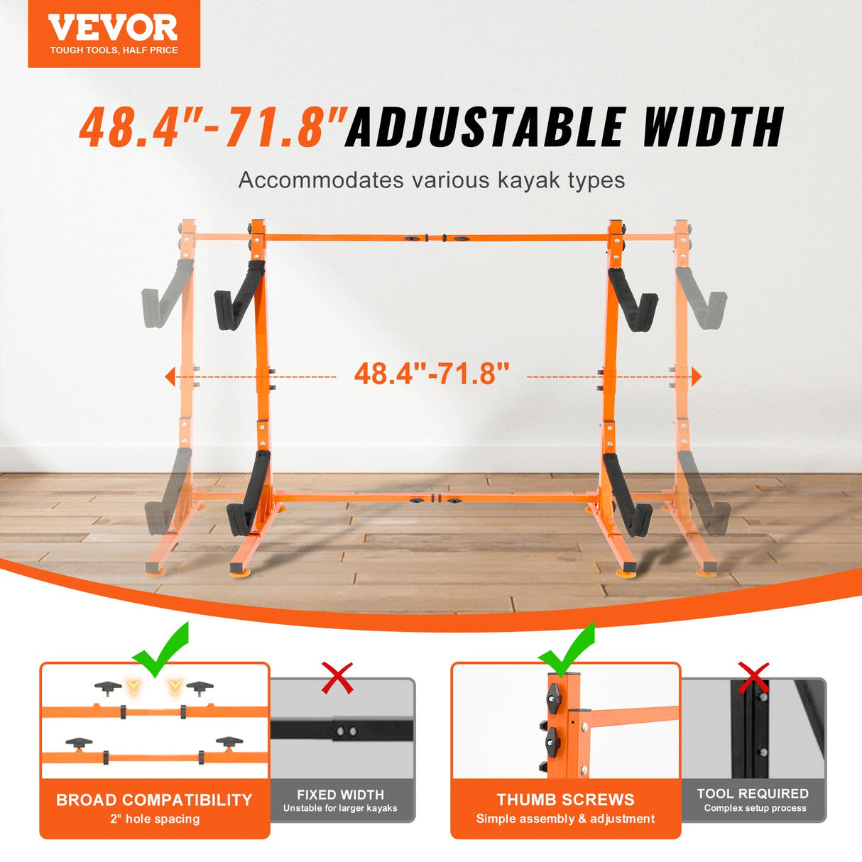 VEVOR Freestanding Kayak Storage Rack, Kayak Stand for 2 Kayak Canoe Paddleboard, Heavy-duty Steel Kayak Hanger Holder with Padded Arms and Adjustable Width, 79.5kg Max Load, for Indoor Outdoor Garage