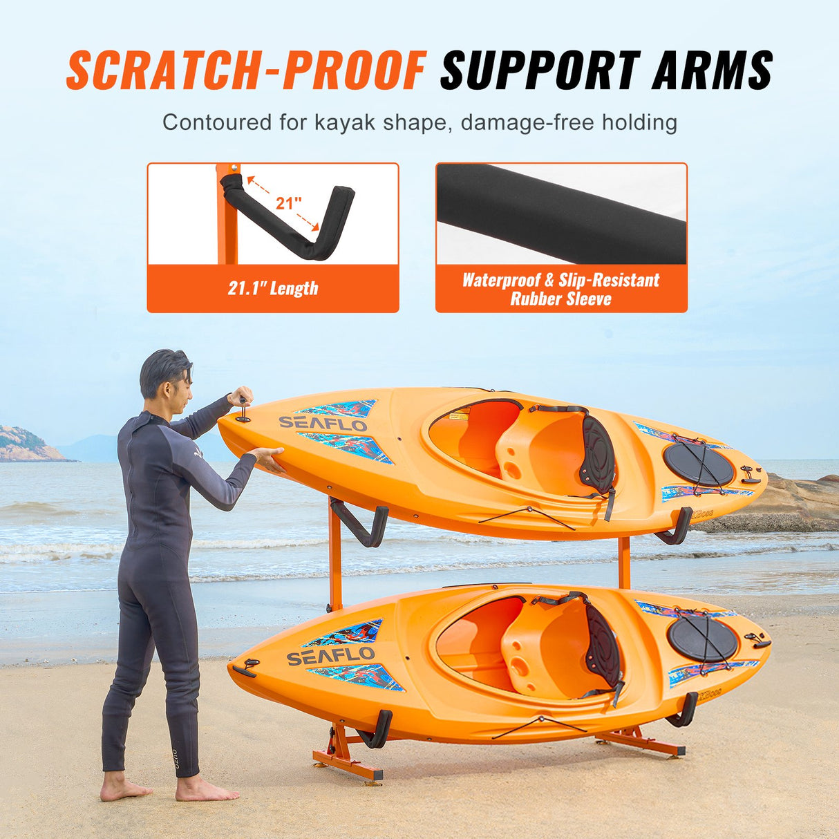 VEVOR Freestanding Kayak Storage Rack, Kayak Stand for 2 Kayak Canoe Paddleboard, Heavy-duty Steel Kayak Hanger Holder with Padded Arms and Adjustable Width, 79.5kg Max Load, for Indoor Outdoor Garage
