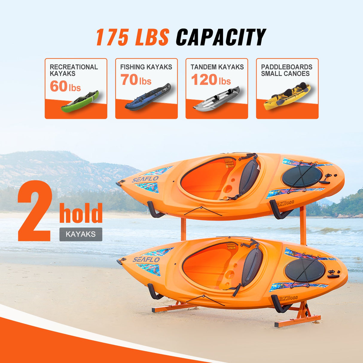 VEVOR Freestanding Kayak Storage Rack, Kayak Stand for 2 Kayak Canoe Paddleboard, Heavy-duty Steel Kayak Hanger Holder with Padded Arms and Adjustable Width, 79.5kg Max Load, for Indoor Outdoor Garage