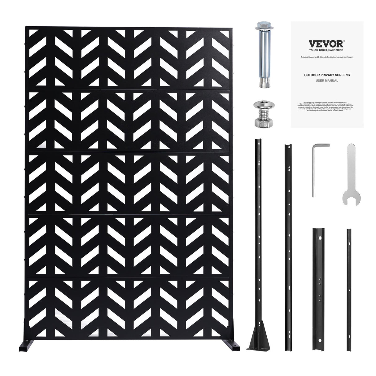 VEVOR Metal Privacy Screen, 47" W x 72" H, Outdoor Privacy Screens 5-Panel, Freestanding Outdoor Divider with Stand, Decorative Garden Steel Privacy Fence for Balcony Patio Indoor Room Black