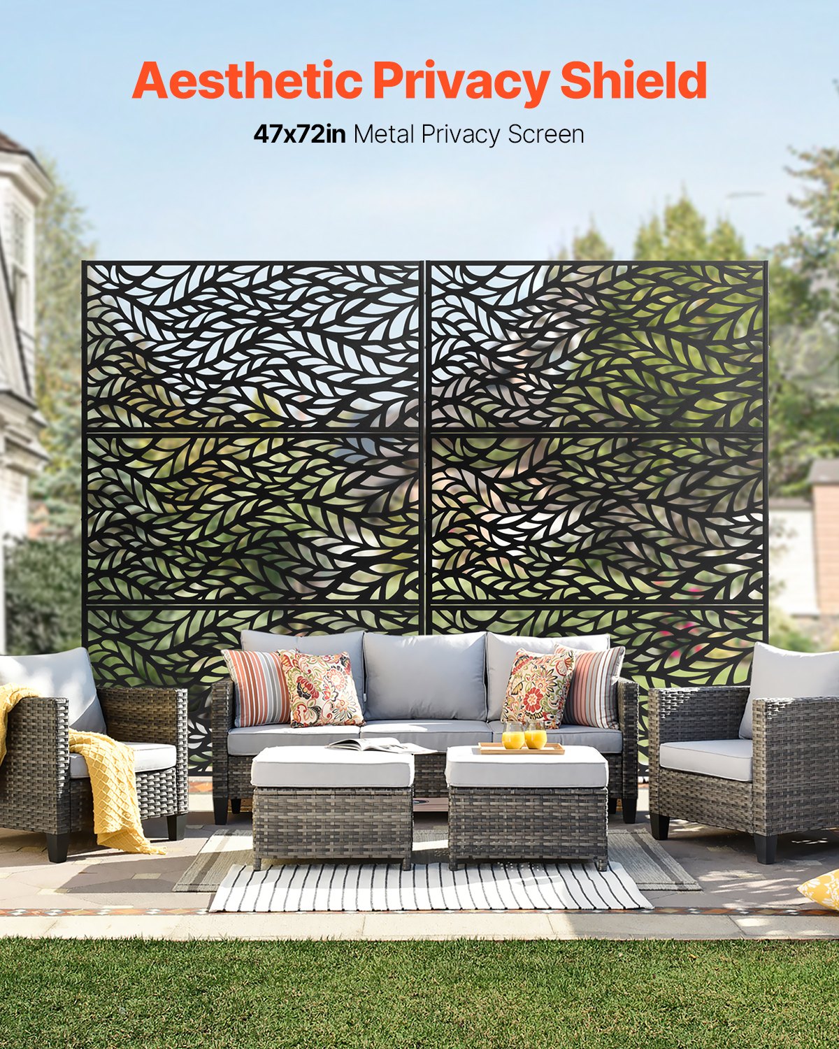 VEVOR Metal Privacy Screen, 47" W x 72" H, Outdoor Privacy Screens & Panels, Freestanding Outdoor Divider with Stand, 3-Panel Decorative Garden Steel Privacy Fence for Balcony Patio Indoor Room Black