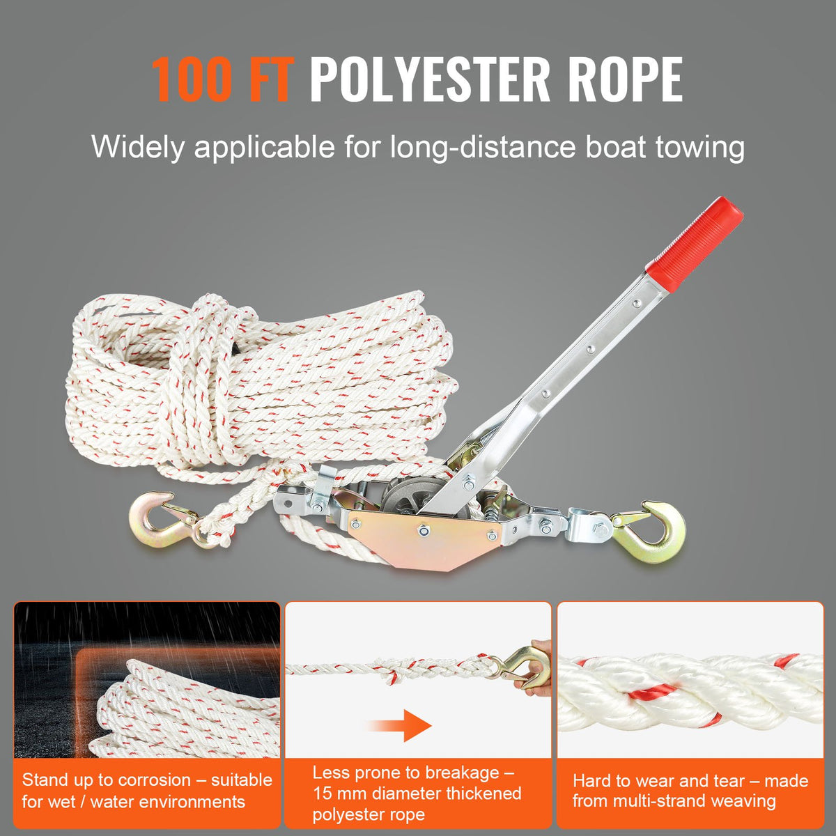 VEVOR Rope Puller, 3/4 Ton Pulling Capacity, with 30.48 m of 15 mm dia. Rope, 2 Hook, Come Along Winch, Heavy Duty Ratchet Power Puller Tool for