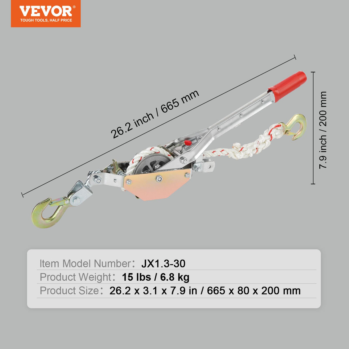 VEVOR Rope Puller, 3/4 Ton Pulling Capacity, with 30.48 m of 15 mm dia. Rope, 2 Hook, Come Along Winch, Heavy Duty Ratchet Power Puller Tool for