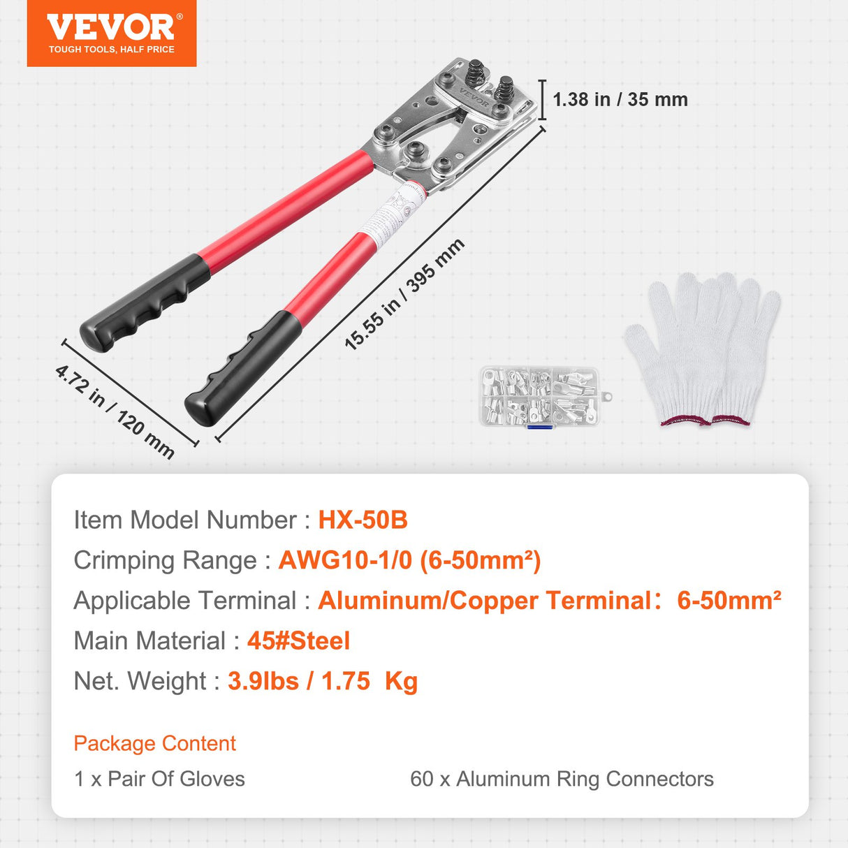 VEVOR Battery Cable Lug Crimping Tool, 10-1/0AWG Aluminum Terminal Battery Lug Crimper, with 60PCS Aluminum Ring Connectors Terminals 6 Wire Sizes