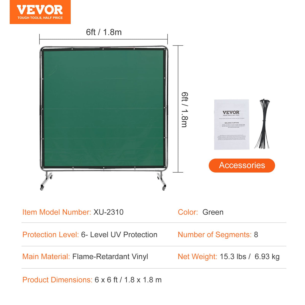 VEVOR Welding Screen with Frame 6' x 6' Welding Curtain Screen on 4 Wheels Green