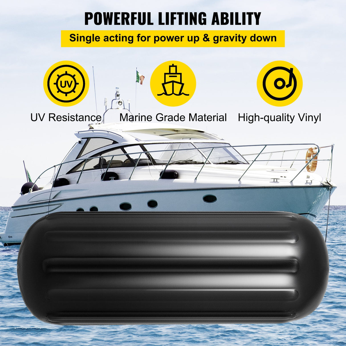 VEVOR Boat Fenders, 10" x 28" Ribbed Fender, 4 Pack Boat Bumpers, Hole Through Middle Ribbed Inflatable Boat Fender with 4 Ropes, for Pontoon Boat Sailboat, Ski Boat, Black