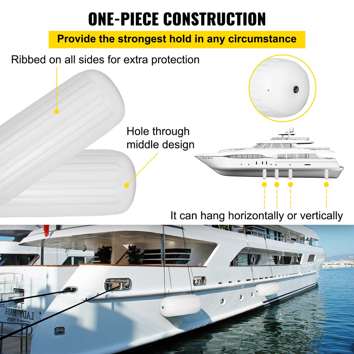 VEVOR 4 Ribbed Boat Fender 10" x 28" White Center Hole Bumper Mooring Protection