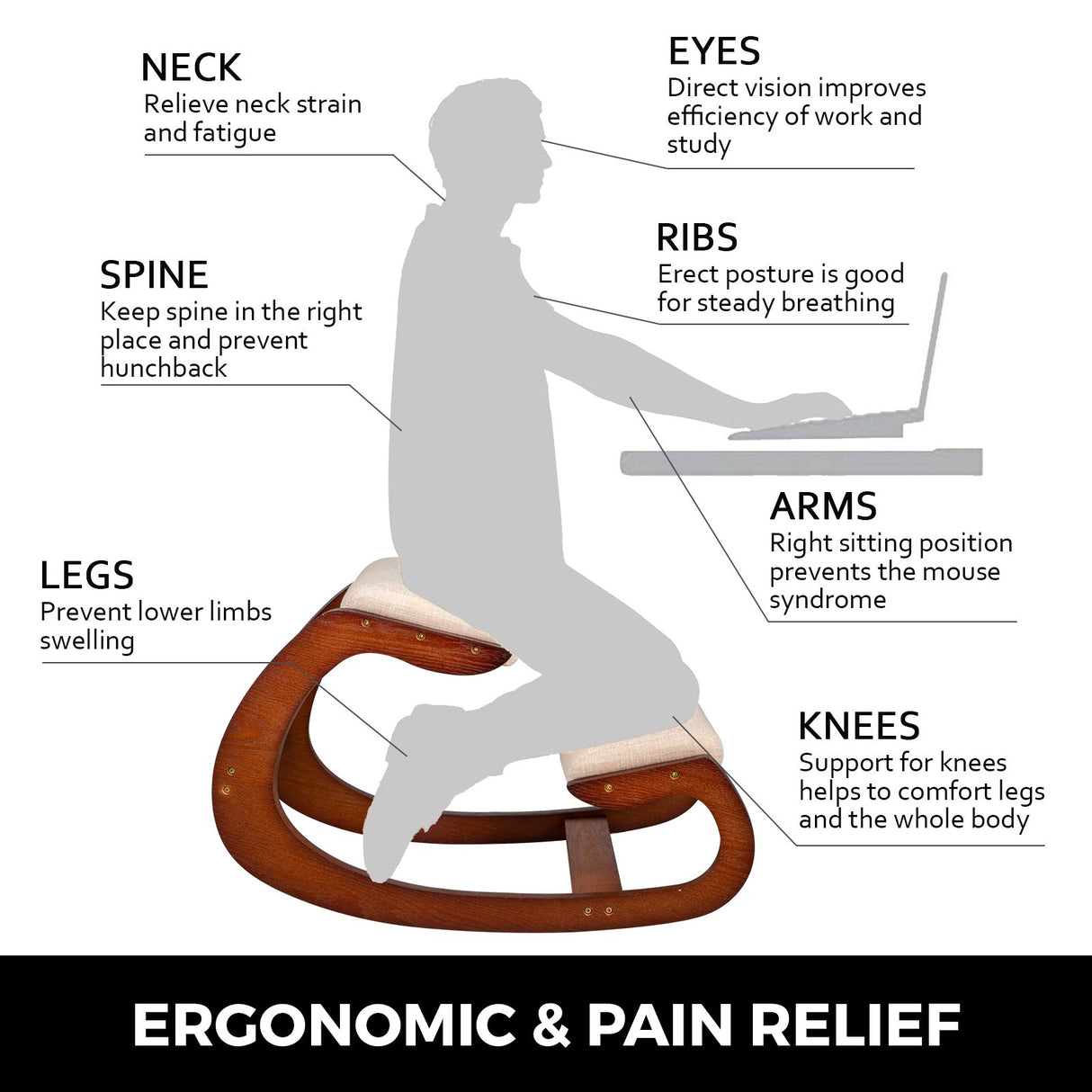 Vevor Ergonomic Kneeling Chair Wooden Neck Pain Relief Relieve Fatigue Wood Stool