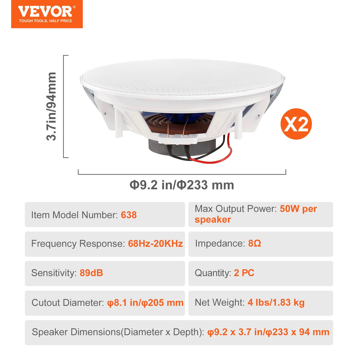 VEVOR 2 PCs 203.2 mm in Ceiling Speakers, 50-Watts, Flush Mount Ceiling & in-Wall Speakers System with Impedance 89dB Sensitivity, for Home Kitchen
