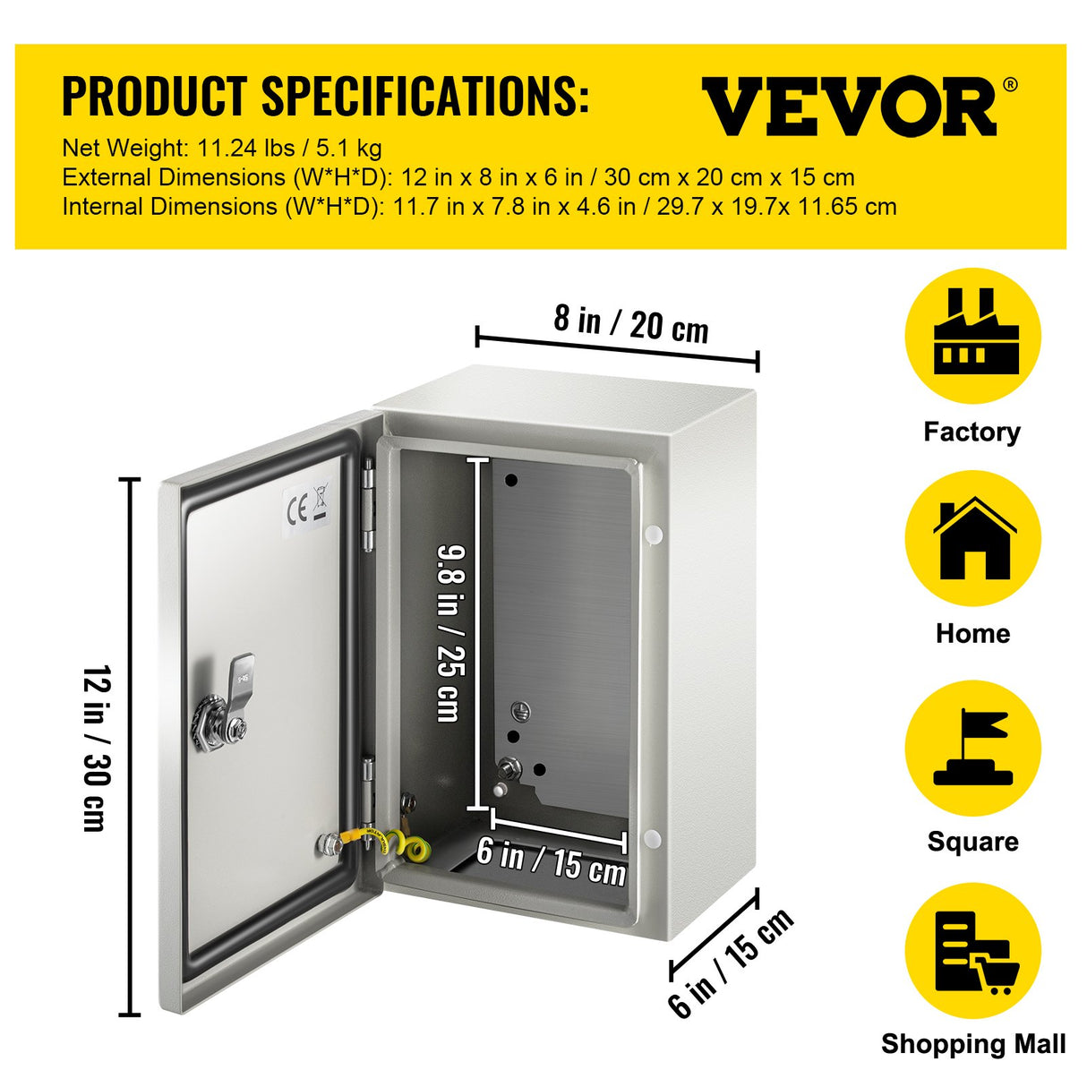 VEVOR NEMA Steel Enclosure ,12 x 8 x 6'' NEMA 4X Steel Electrical Box, IP66 Waterproof & Dustproof, Outdoor/Indoor Electrical Junction Box, with