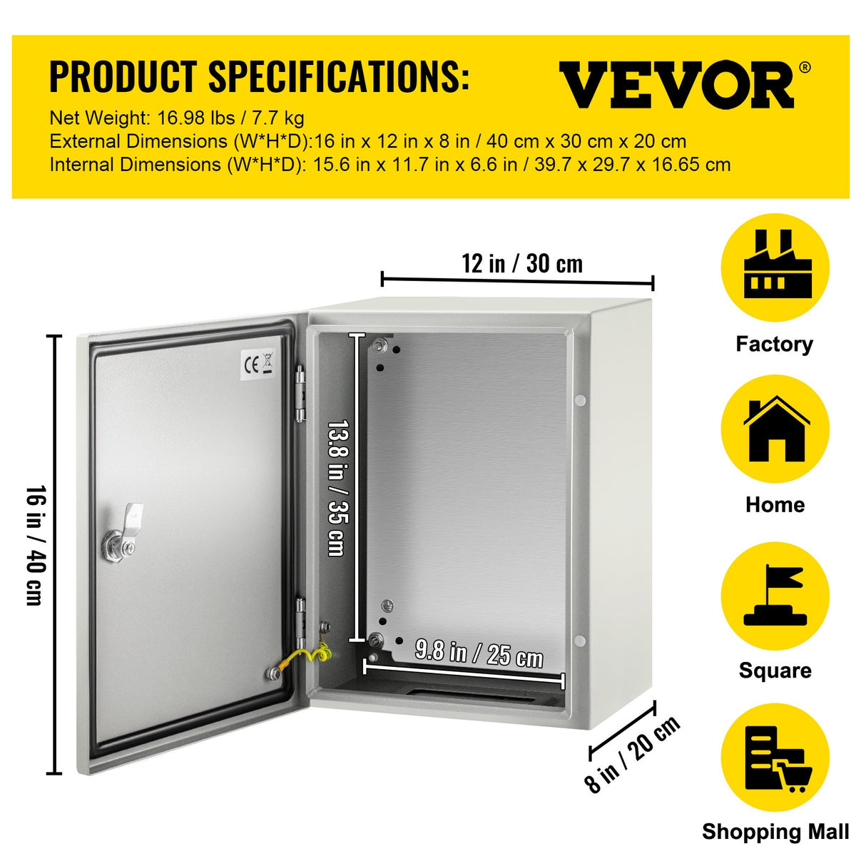 VEVOR Steel Electrical Box 16'' x 12'' x 8'' Electrical Enclosure Box, Carbon Steel Hinged Junction Box, IP65 Weatherproof Metal Box Wall-Mounted Electronic Equipment Enclosure Box with Mounting Plate