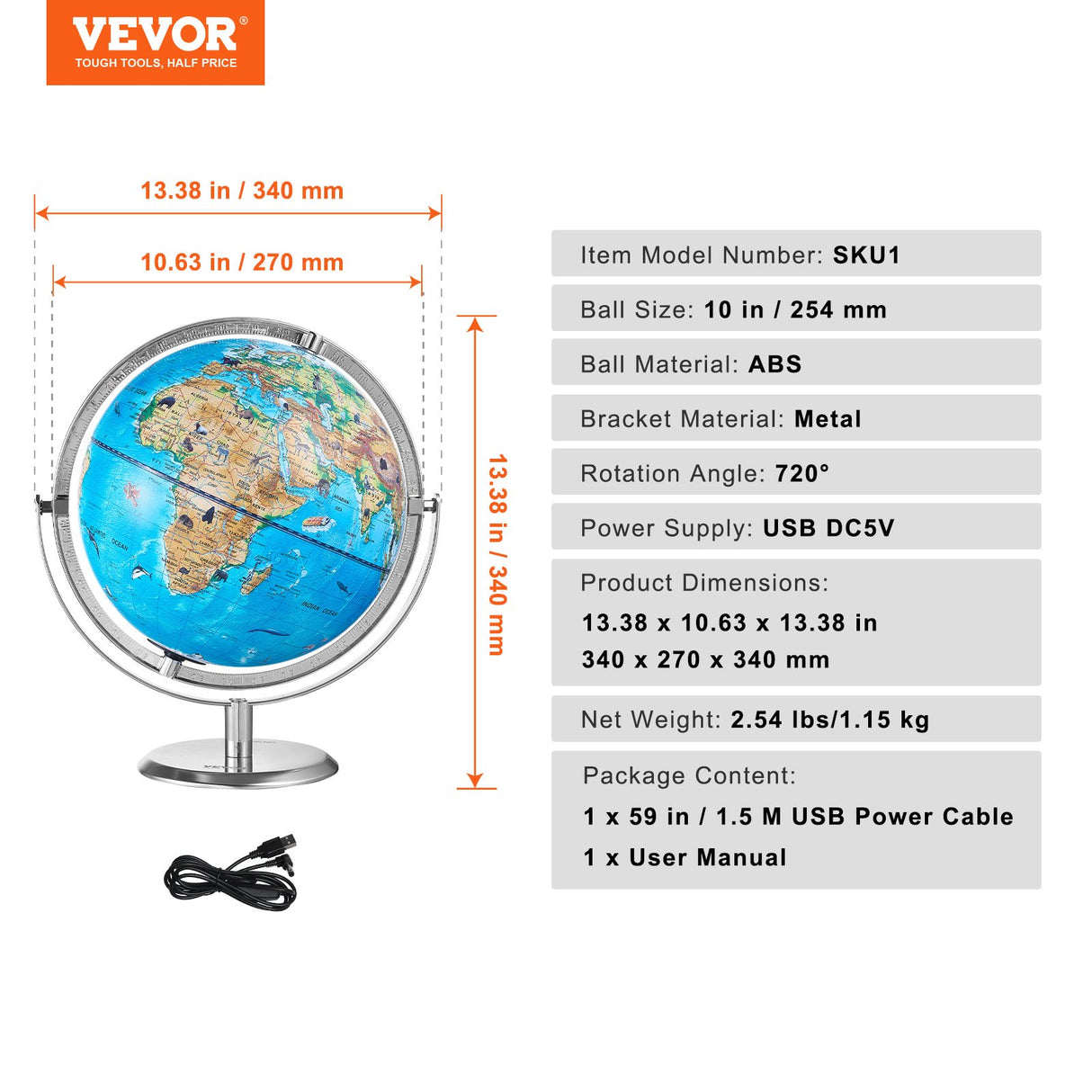 VEVOR Educational Globe for Kids, 254 mm, Interactive AR World Globe with AR Golden Globe APP LED Night Lighting Rotation, STEM Toy Gifts for Kids
