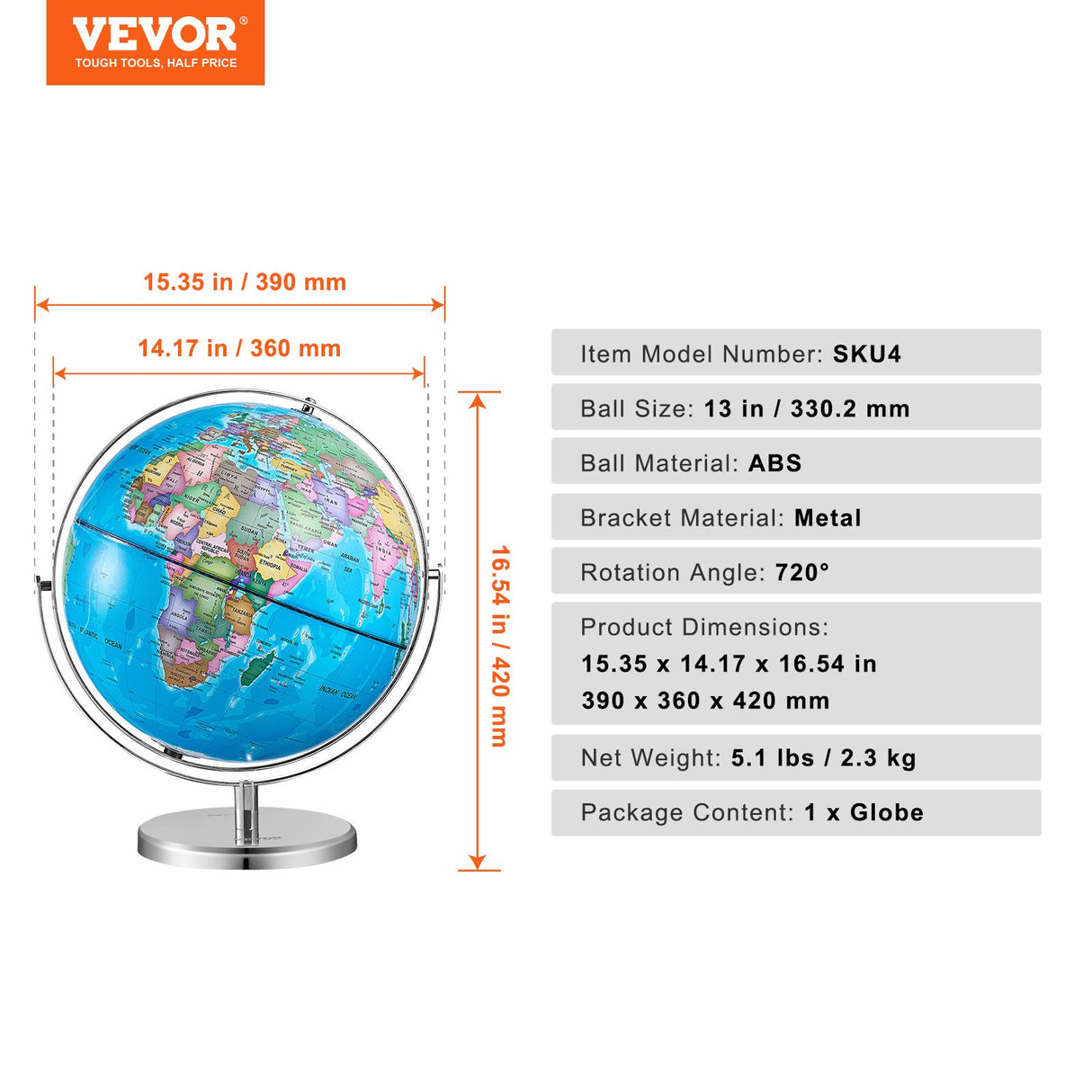 VEVOR Rotating World Globe with Stand, 330.2 mm, Educational Geographic Globe with Precise Time Zone ABS Material, Spinning Globe for Kids Children