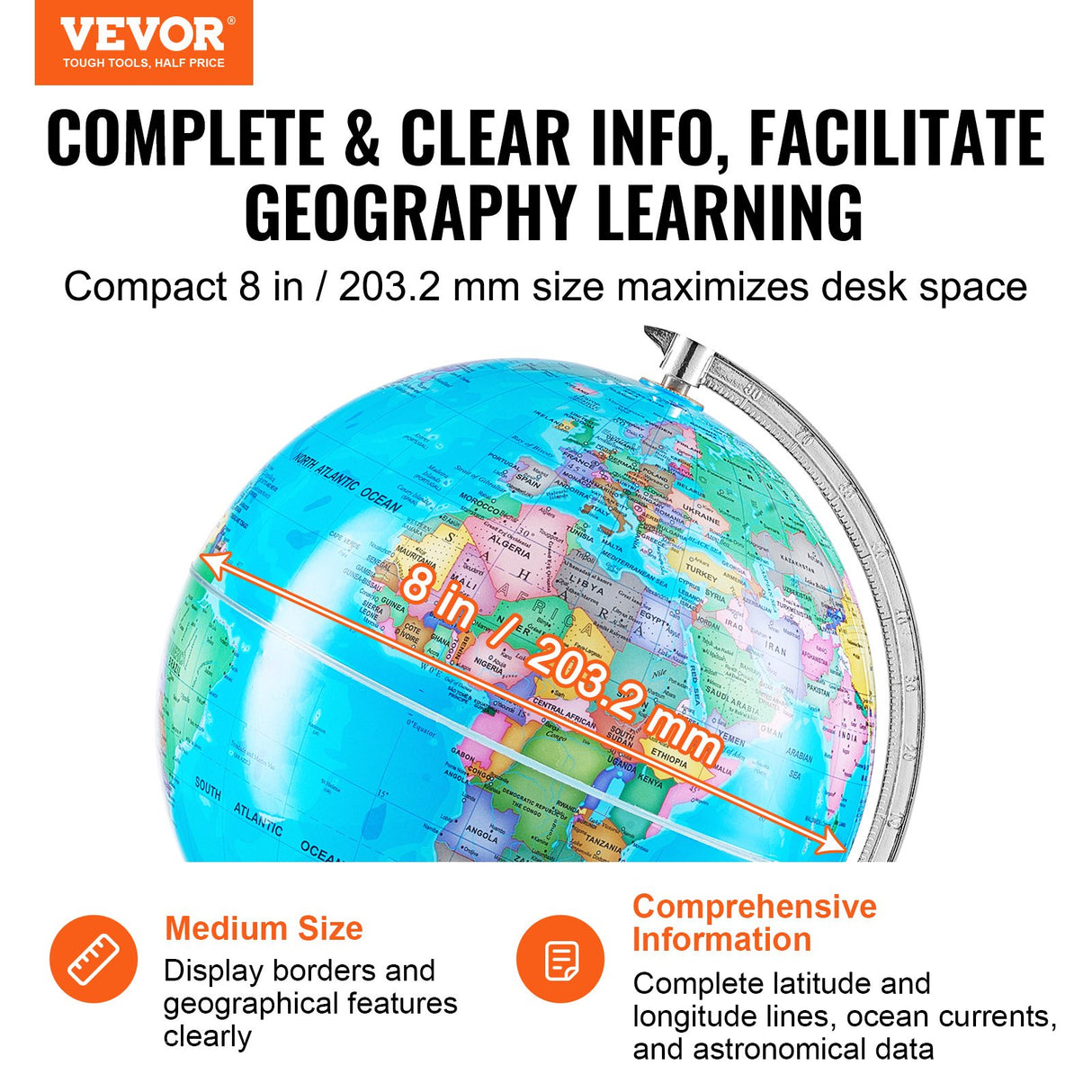 Rotating World Globe with Stand, 203.2 mm, Educational Geographic Globe with Precise Time Zone ABS Material, 360° Spinning Globe for Kids Children Learning Classroom Geography Education