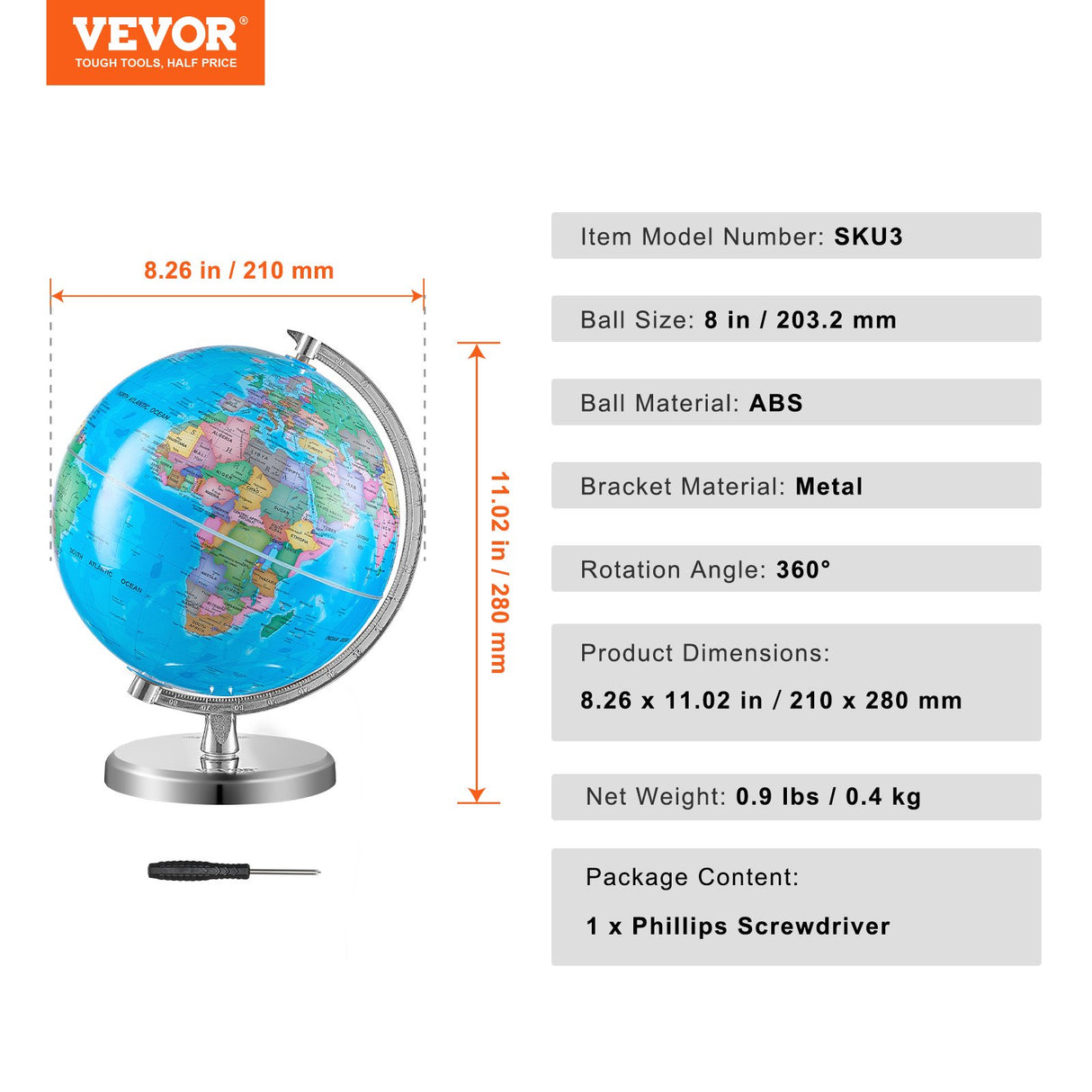 Rotating World Globe with Stand, 203.2 mm, Educational Geographic Globe with Precise Time Zone ABS Material, 360° Spinning Globe for Kids Children Learning Classroom Geography Education