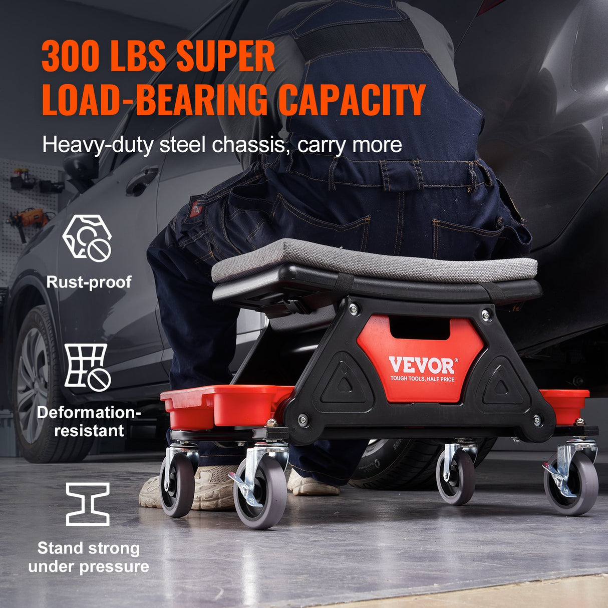 VEVOR Mechanic Stool Creeper Seat 300lb Rolling Shop Stool with Tool Trays