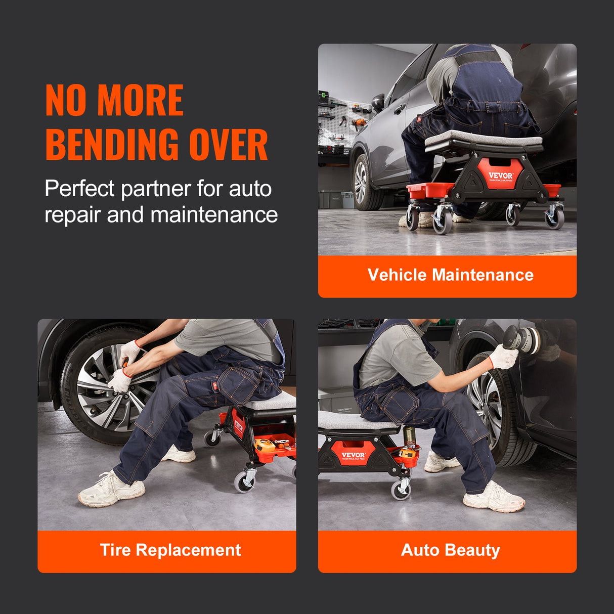 VEVOR Mechanic Stool Creeper Seat 300lb Rolling Shop Stool with Tool Trays