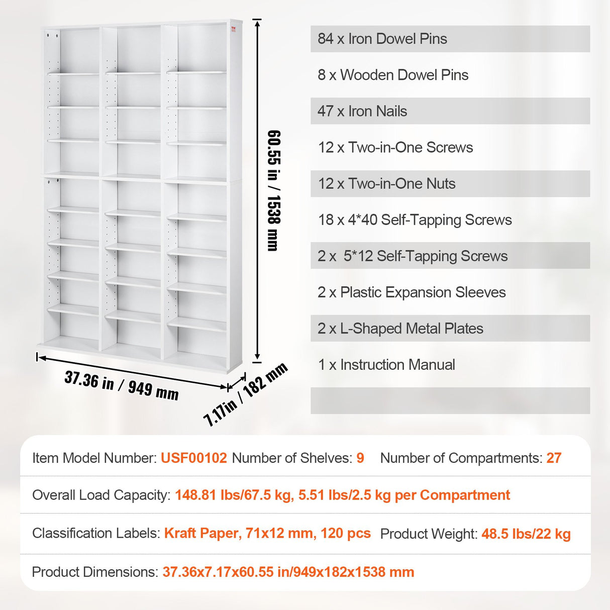 Media Storage Cabinet, 9-layer DVD Shelf Holds up to 756 CDs, Adjustable CD Shelves 27 Compartments, Protects & Organizes Music, Movie, Video Games or Memorabilia Collections,White
