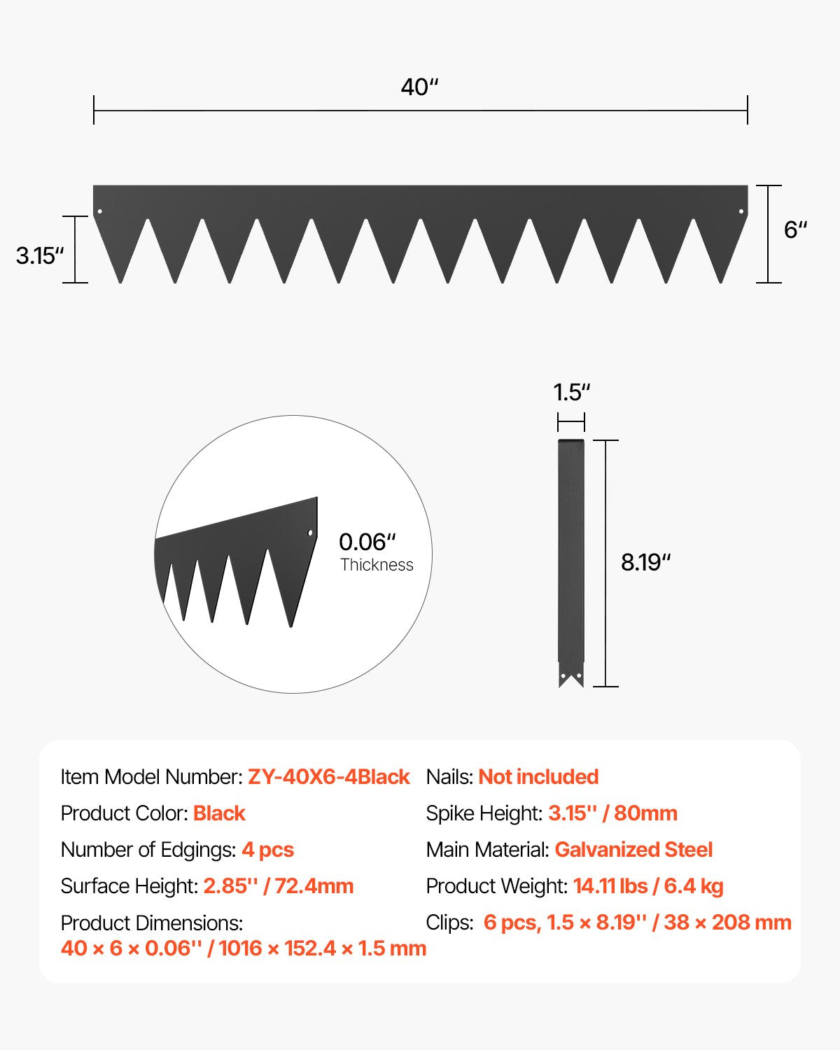 VEVOR Steel Landscape Edging, 4 Packs 40 x 6 in Rust-Resistant Metal Landscape Edging, Bendable Garden Edging Border, Heavy Duty Lawn Edging, Easy-to-Install, Flower Bed Yard Pathway Divider Black