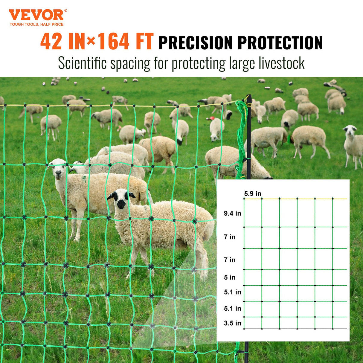 VEVOR Electric Fence Netting, 1.06 x 49.98 m, PE Net Fencing with Posts & Double-Spiked Stakes, Utility Portable Mesh for Goats, Sheep, Lambs, Deer,