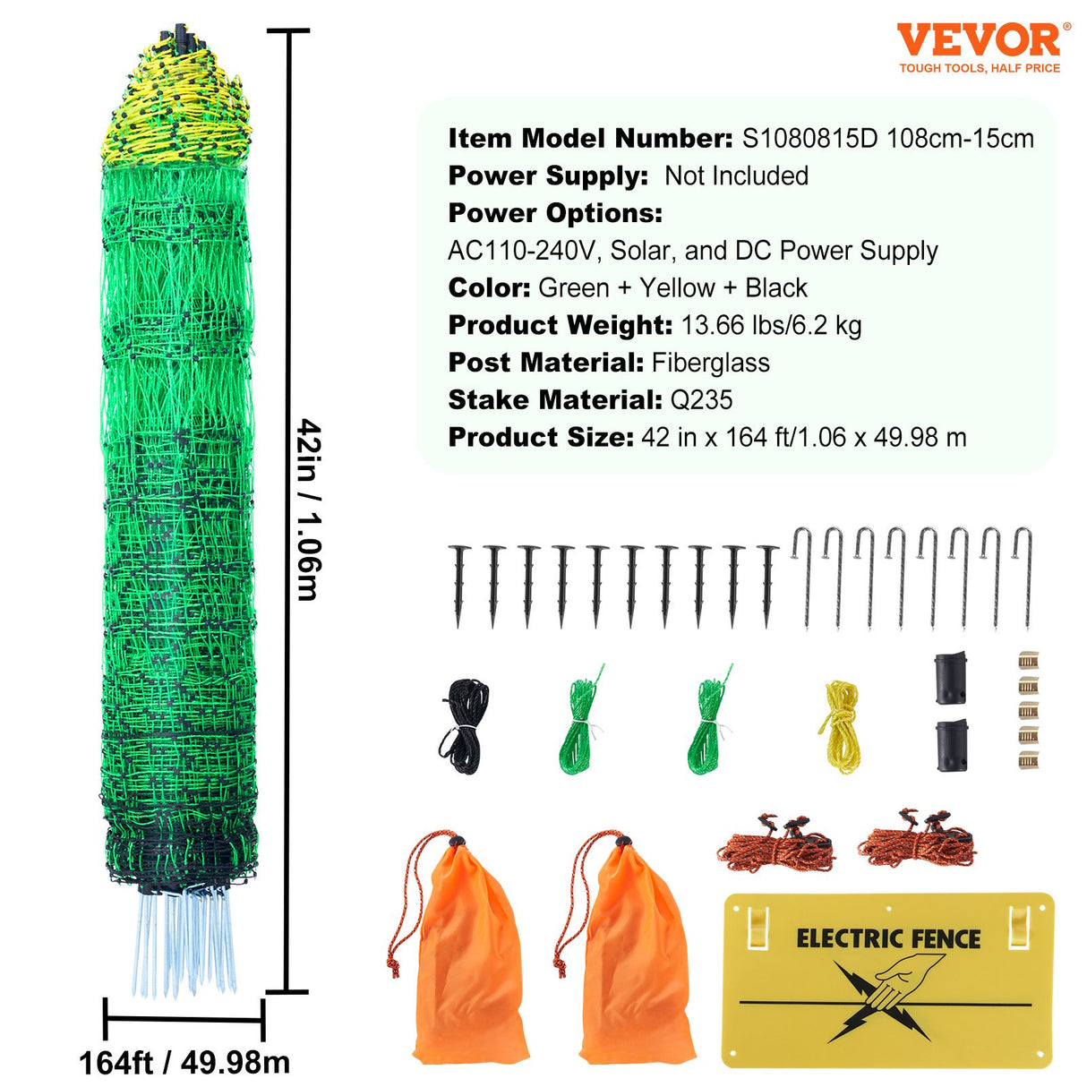 VEVOR Electric Fence Netting, 1.06 x 49.98 m, PE Net Fencing with Posts & Double-Spiked Stakes, Utility Portable Mesh for Goats, Sheep, Lambs, Deer,