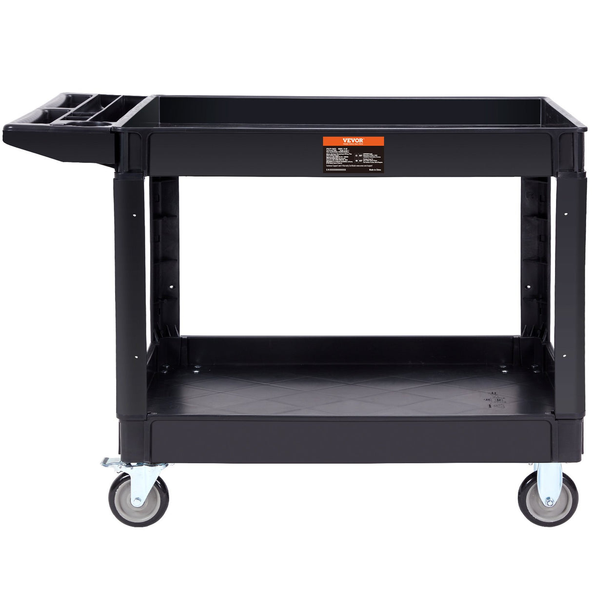 VEVOR Utility Service Cart 2 Shelf 550LBS Heavy Duty Plastic Rolling Utility Cart with 360° Swivel Wheels (2 with Brakes) Large Lipped Shelf Ergonomic Storage Handle for Warehouse/Garage/Cleaning
