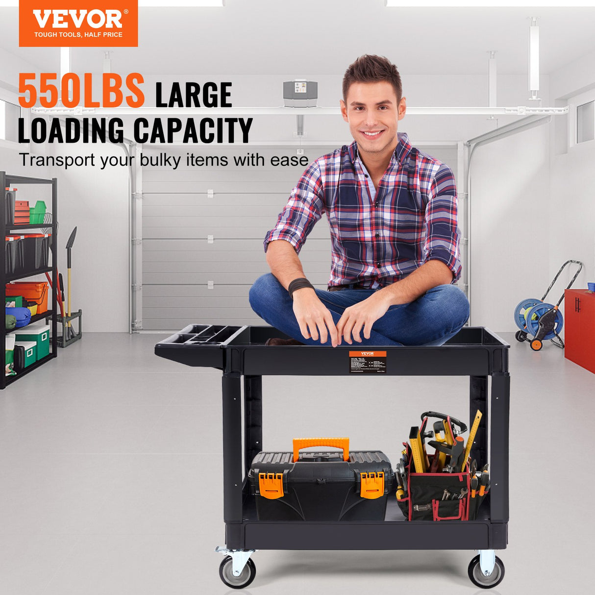 VEVOR Utility Service Cart 2 Shelf 550LBS Heavy Duty Plastic Rolling Utility Cart with 360° Swivel Wheels (2 with Brakes) Large Lipped Shelf Ergonomic Storage Handle for Warehouse/Garage/Cleaning