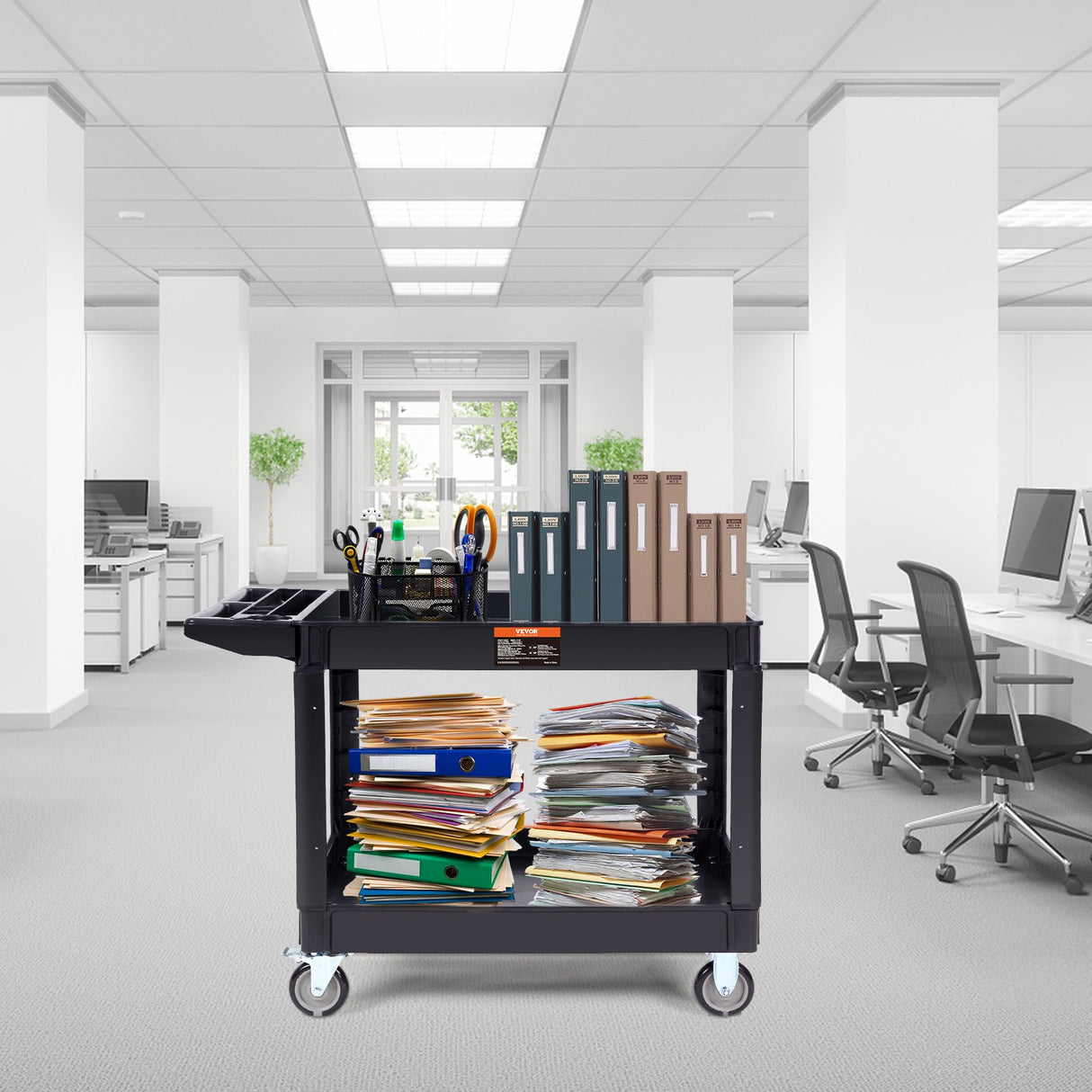 VEVOR Utility Service Cart 2 Shelf 550LBS Heavy Duty Plastic Rolling Utility Cart with 360° Swivel Wheels (2 with Brakes) Large Lipped Shelf Ergonomic Storage Handle for Warehouse/Garage/Cleaning