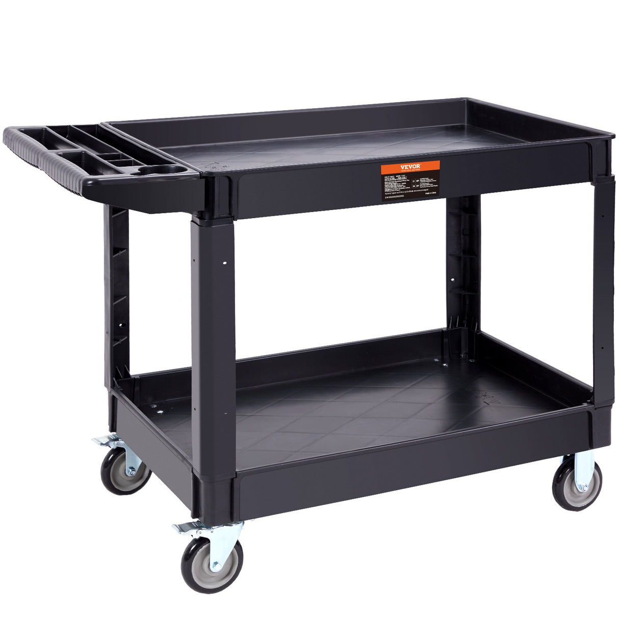 VEVOR Utility Service Cart 2 Shelf 550LBS Heavy Duty Plastic Rolling Utility Cart with 360° Swivel Wheels (2 with Brakes) Large Lipped Shelf Ergonomic Storage Handle for Warehouse/Garage/Cleaning