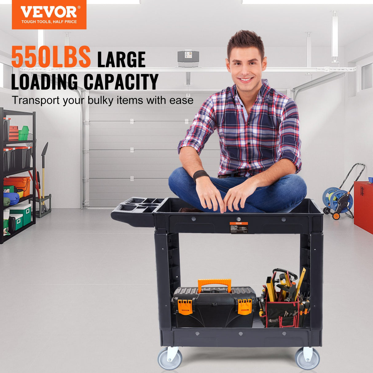 VEVOR Utility Service Cart 2 Shelf 550LBS Heavy Duty Plastic Rolling Utility Cart with 360° Swivel Wheels Medium Lipped Shelf Ergonomic Storage Handle for Warehouse/Garage/Cleaning/Office