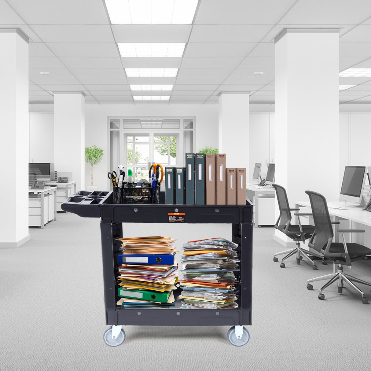 VEVOR Utility Service Cart 2 Shelf 550LBS Heavy Duty Plastic Rolling Utility Cart with 360° Swivel Wheels Medium Lipped Shelf Ergonomic Storage Handle for Warehouse/Garage/Cleaning/Office