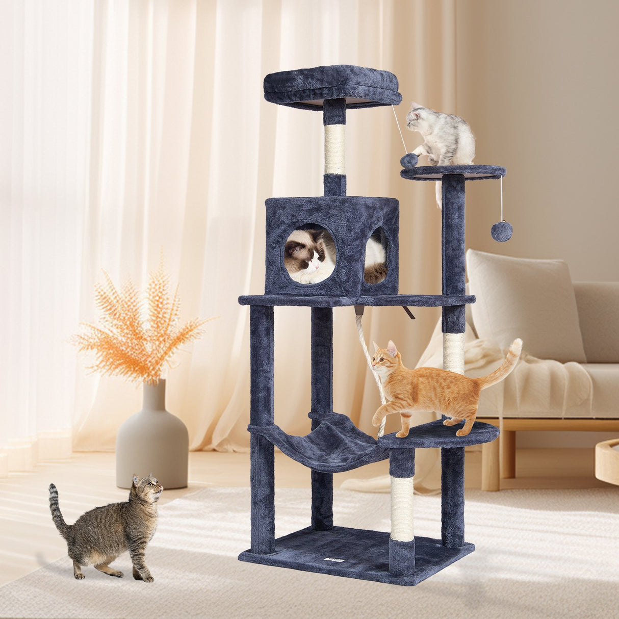 VEVOR Cat Tree 143 cm Cat Tower with Cat Condo Sisal Scratching Post Dark Grey
