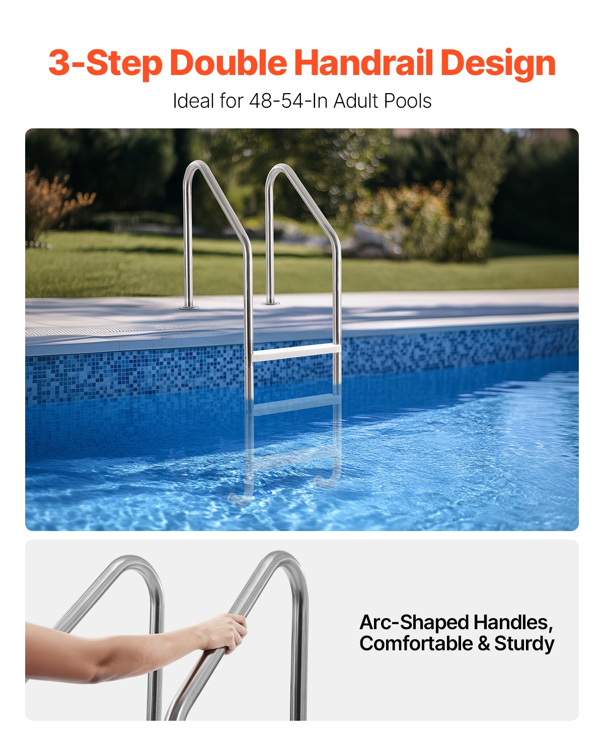 Stainless Steel Pool Ladder 3-Step & 2 Handrails for 1219.2-1371.6 mm Pool
