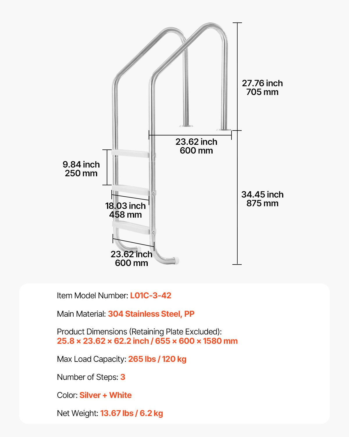Stainless Steel Pool Ladder 3-Step & 2 Handrails for 1219.2-1371.6 mm Pool