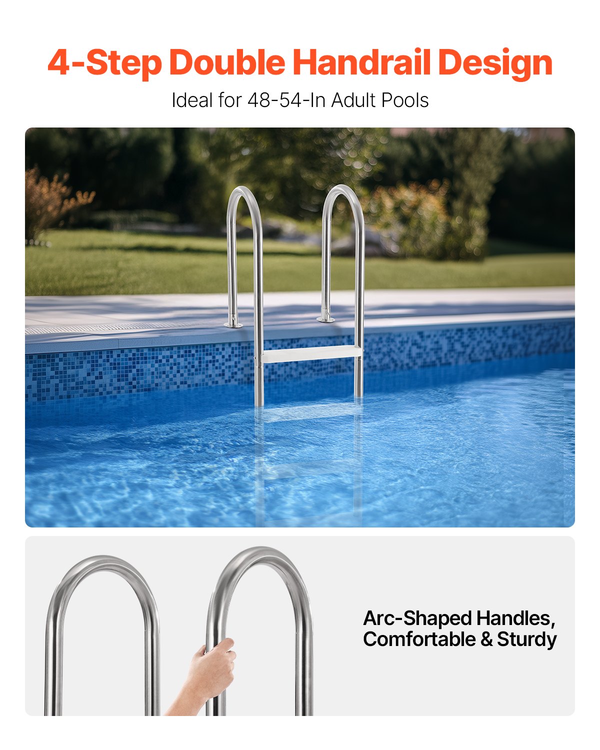 4-Step Stainless Steel Pool Ladder of 2 Handrail for 1371.6 mm Decked Pool