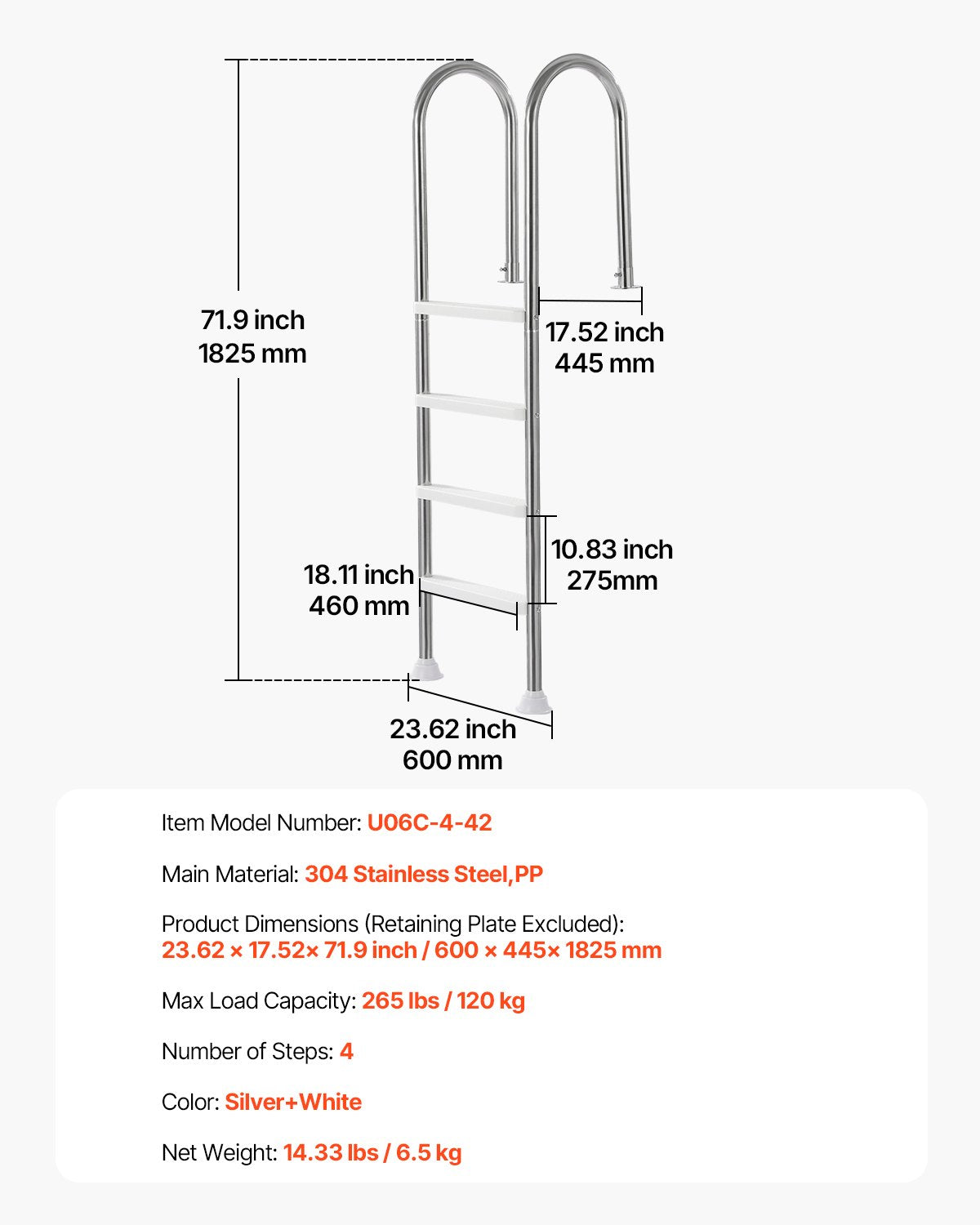 4-Step Stainless Steel Pool Ladder of 2 Handrail for 1371.6 mm Decked Pool